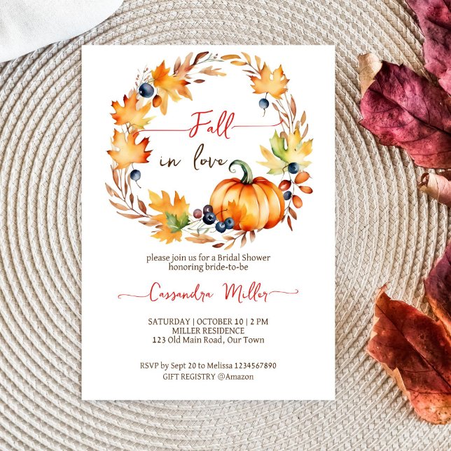 Invitación Caer en el amor hojas de calabaza wreath ducha de  (Fall in love bridal shower template invitation digital download pumpkin maple leaves berries wreath)
