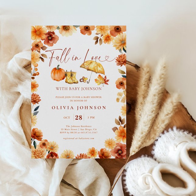 Invitación Caer en el amor Naranja Floral Baby Shower (Subido por el creador)