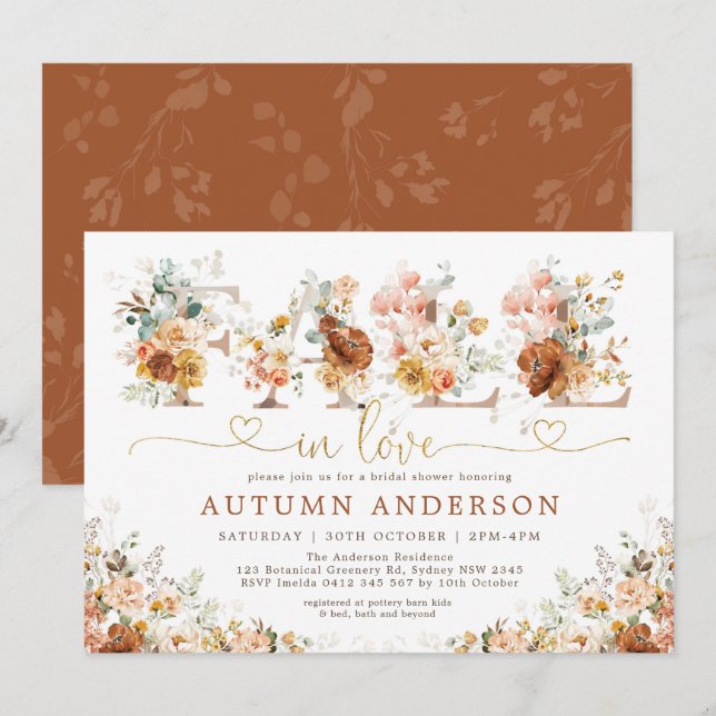 Invitación Caer en el amor Naranja Floral Bridal Shower (Anverso / Reverso)