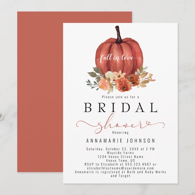 Invitación Caer en el amor Naranja Quemar calabaza floral (Anverso / Reverso)