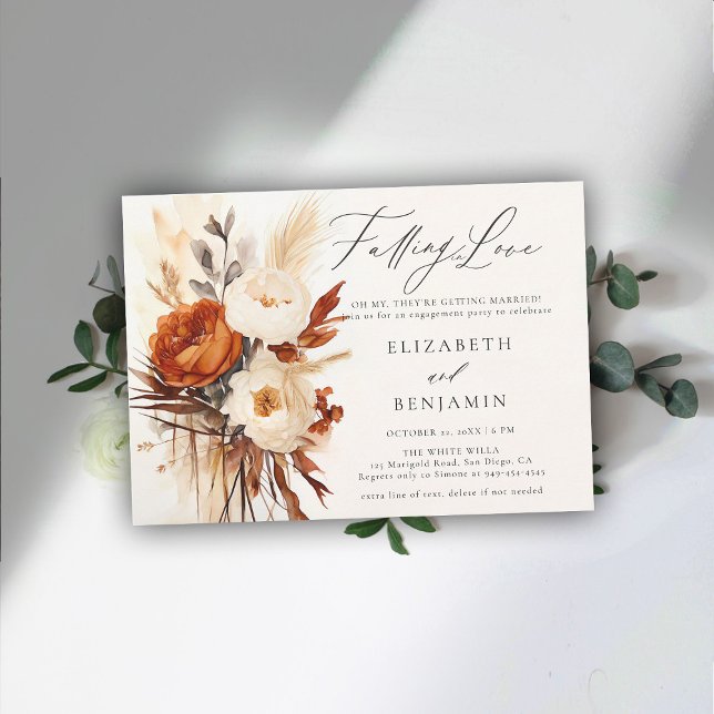 Invitación Caer en el Romántico Partido de Compromiso de la T (fall engagement party invitation rustic peony rose boho pampas dry grass watercolor elegant rustic)
