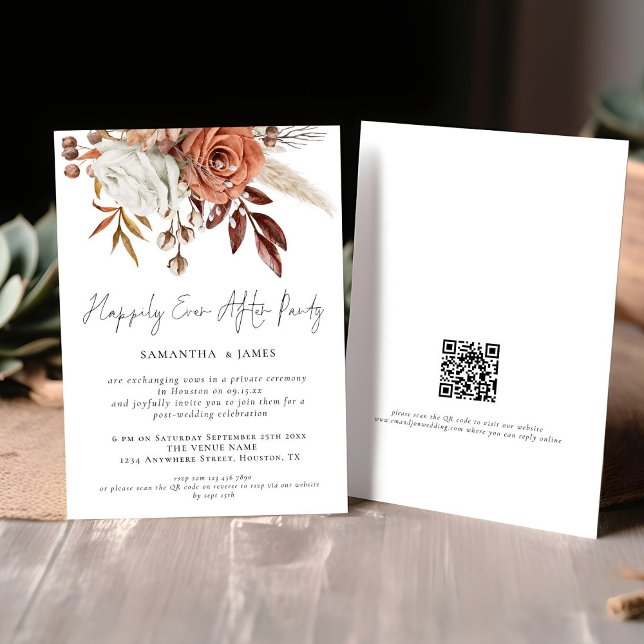 Invitación Caer en Florals QR Feliz Nunca Después De Boda Fie (Front and back view)