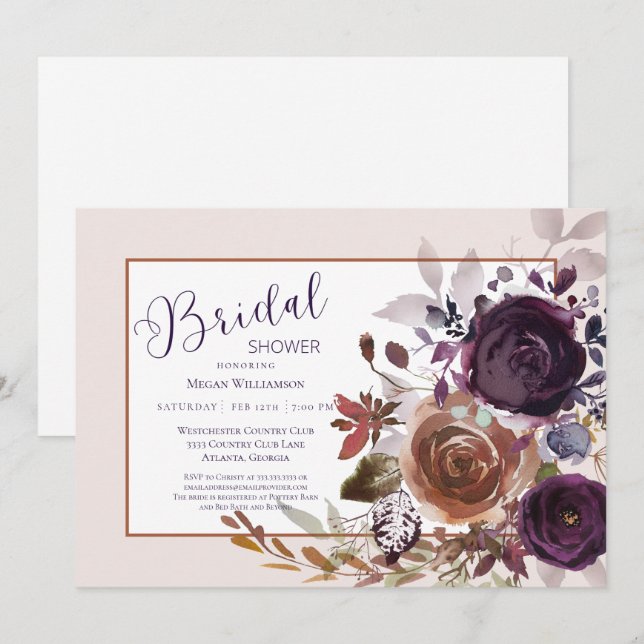 Invitación Caer en invierno Gold y Plum Purple Bridal Shower (Anverso / Reverso)