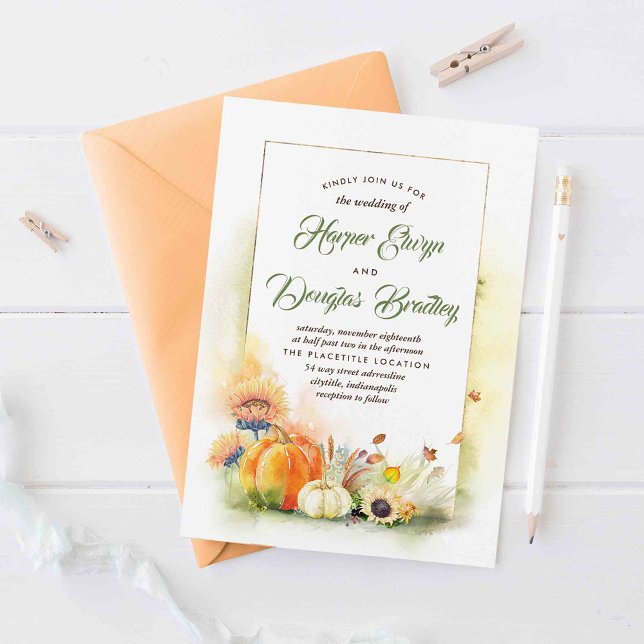 Invitación Caer enamorada | Boda de calabazas de girasoles de (Autumn Harvest and Pumpkins Wedding Invitations)