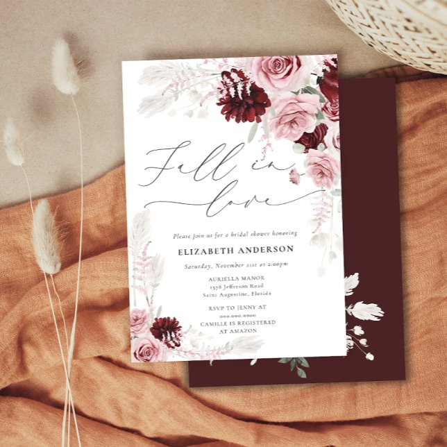 Invitación Caer enamorada caída floral borgoña ducha de novia (Subido por el creador)