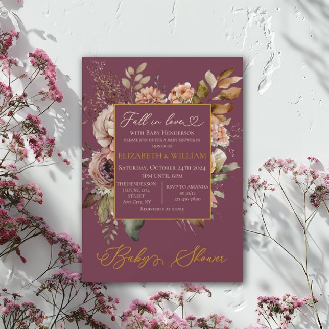 Invitación Caer Enamorada Caída Floral Elegante Borgoña Invit (Subido por el creador)