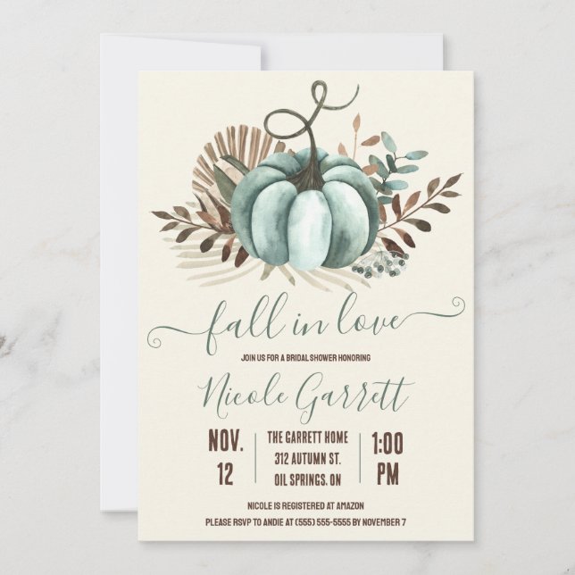 Invitación Caer enamorada, calabaza azul, ducha de novia flor (Anverso)