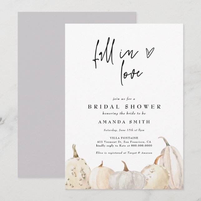 Invitación Caer Enamorada Calabaza Blanca Otoño Ducha Bridal (Anverso / Reverso)