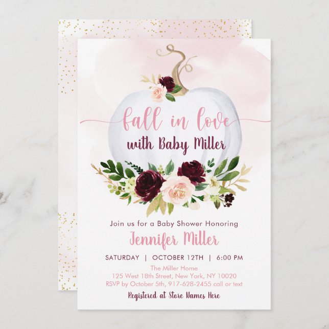 Invitación Caer Enamorada Calabaza Borgoña Rosa Baby Shower (Anverso / Reverso)