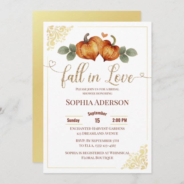 Invitación Caer Enamorada Calabaza Corazón Ducha De Novias (Anverso / Reverso)