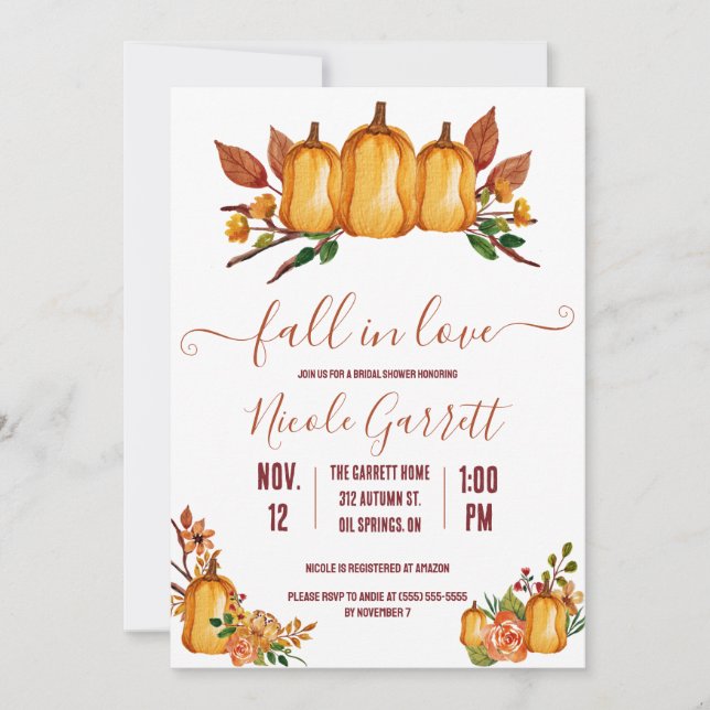 Invitación Caer enamorada, calabaza Naranja, ducha de novia f (Anverso)