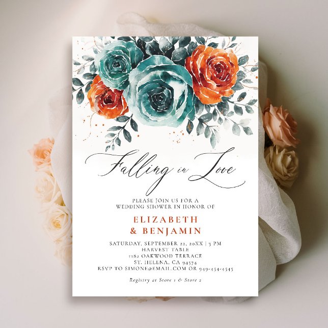 Invitación Caer enamorada de la Boda Naranja Verde azulada  d (falling in love wedding shower invitation teal burnt orange terracotta watercolor floral botanical)