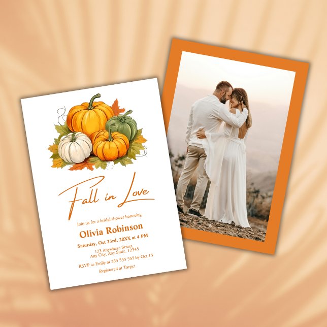 Invitación Caer enamorada de la calabaza rusa foto ducha de n (Fall in Love Autumn Rustic Pumpkin Photo Bridal Shower Invitation  )