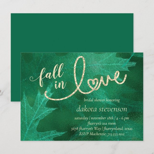 Invitación Caer enamorada del otoño | Ducha verde de novia (Anverso / Reverso)