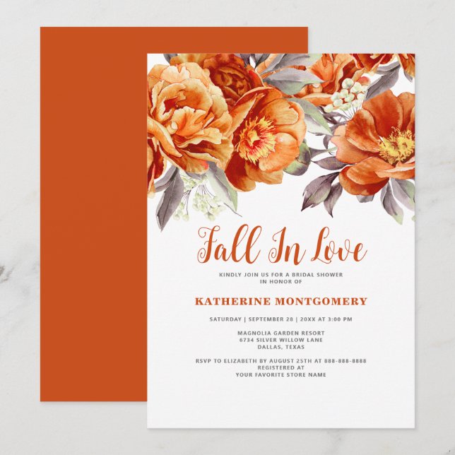 Invitación Caer Enamorada Elegante Naranja Floral Ducha Brida (Anverso / Reverso)