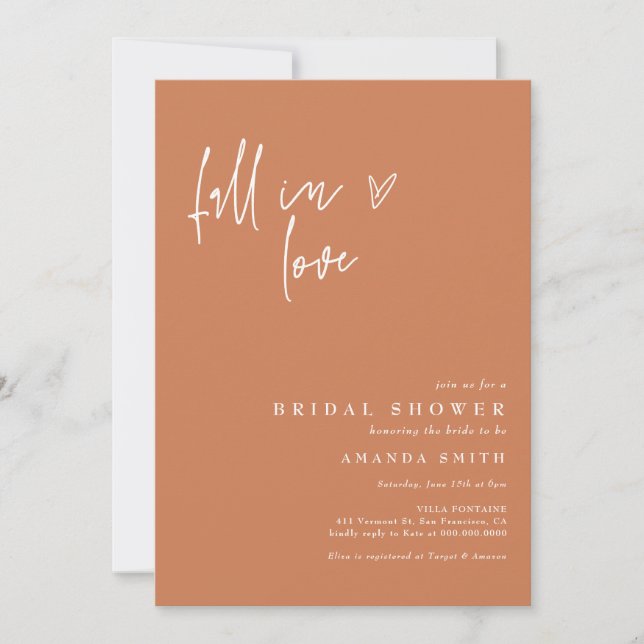 Invitación Caer Enamorada Naranja Quemada Ducha Bridal Minima (Anverso)