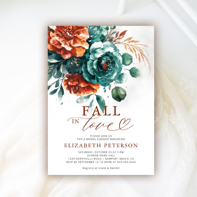 Invitación Caer enamorada Verde azulada terracota Boho ducha  (fall in love bridal shower invitation teal burnt orange terracotta watercolor floral pampas boho)