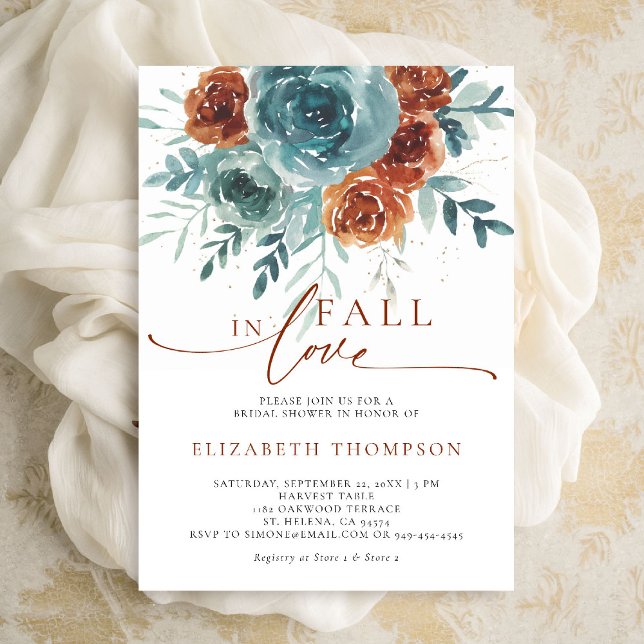 Invitación Caer enamorada Verde azulada terracota Boho ducha  (fall in love bridal shower invitation teal burnt orange terracotta watercolor floral botanical class)