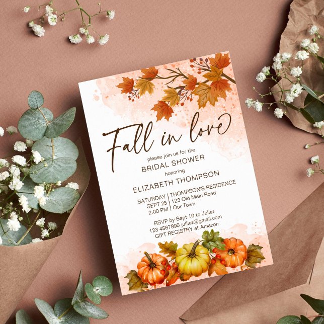 Invitación Caer enamorado de la calabaza de calabaza de novia (Fall in love bridal shower invitation template autumn foliage pumpkins watercolor)