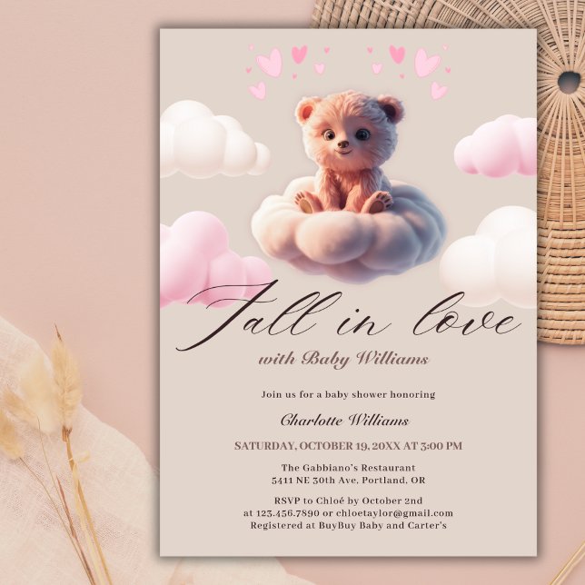 Invitación Caer Enamorado Oso Aburrido En Un Baby Shower De C (Fall In Love Cute Bear On A Cloud Baby Shower Invitation)