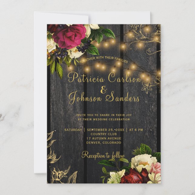 Invitación Caer madera rústica y luces de cuerda boda floral (Anverso)