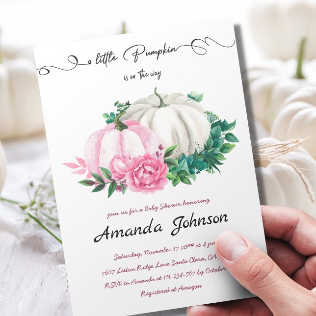 Invitación Caer Pequeña Calabaza Rosa Floral Baby Shower (Subido por el creador)