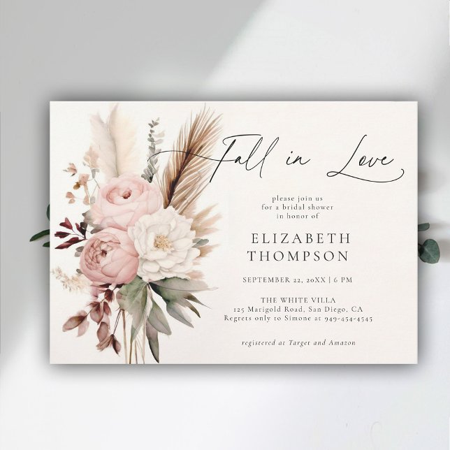 Invitación Caer Romántico Boho Peony Pampas Moda ducha de nov (fall in love bridal shower invitation peony boho pampas terracotta watercolor elegant modern)