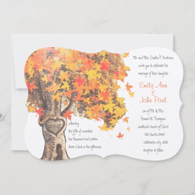 Invitación Caer Romántico Naranja de Árbol Rústico Boda Amari (Anverso)