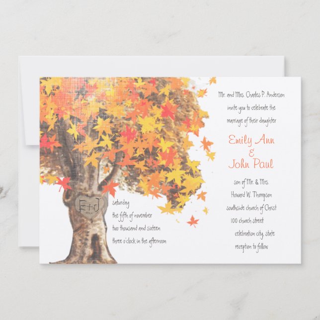 Invitación Caer Romántico Naranja de Árbol Rústico Boda Amari (Anverso)
