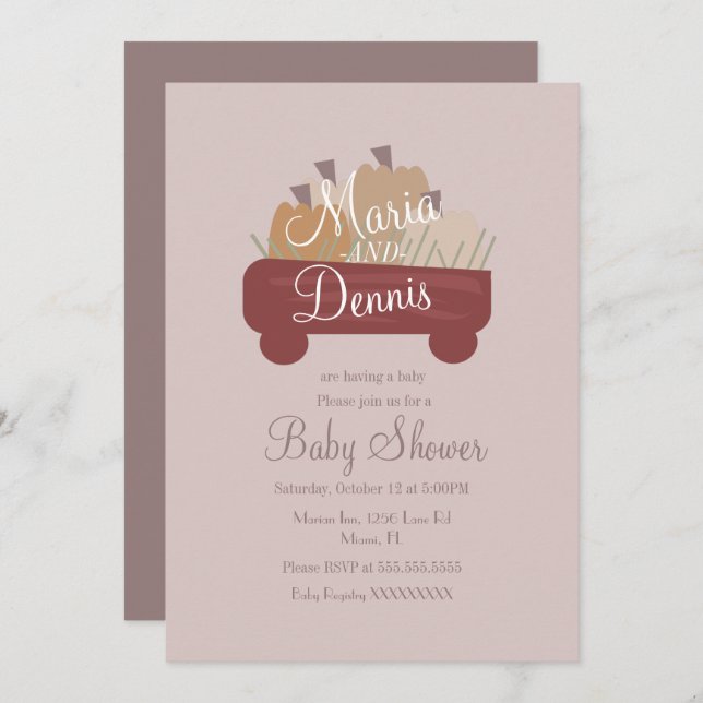 Invitación Caer Simple Calabaza Nuetral Wagon Baby Shower (Anverso / Reverso)