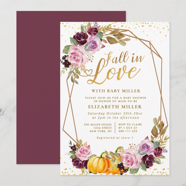 Invitación caerse en amor morado ducha de bebé floral (Anverso / Reverso)