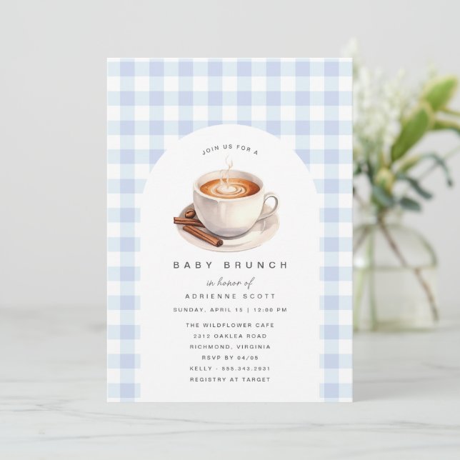Invitación Café Azul Gingham Boy Baby Shower Brunch (Anverso de pie)