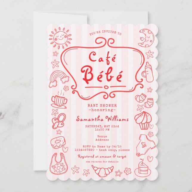 Invitación Café Bébé Chica Rojo Moderno Francés Baby Shower (Anverso)