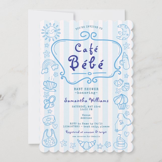 Invitación Café Bébé French Modern Blue Boy Baby Shower (Anverso)
