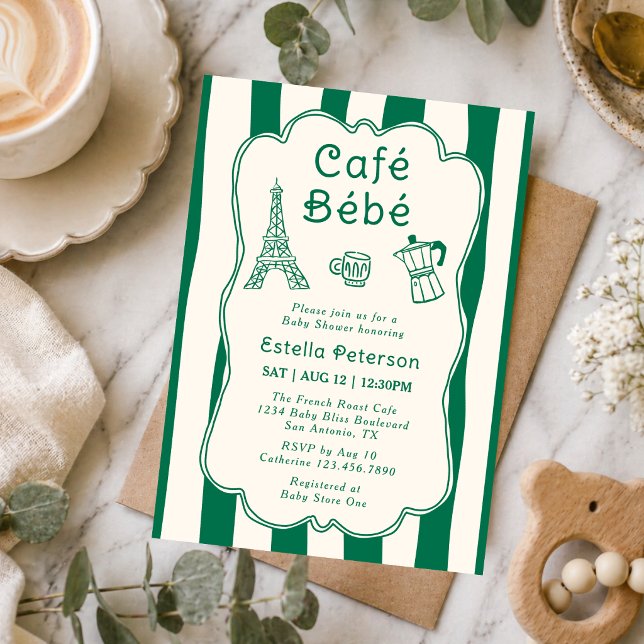 Invitación Café Bebe París Cafetería Bebé Verde Mono Brunch (Subido por el creador)
