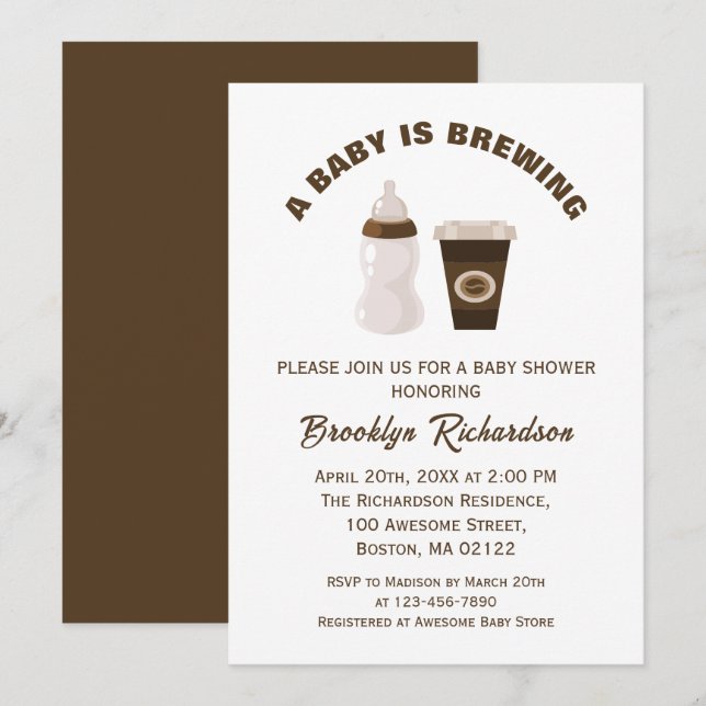 Invitación Café Blanco Marrón Un Bebé Está Preparando Baby Sh (Anverso / Reverso)