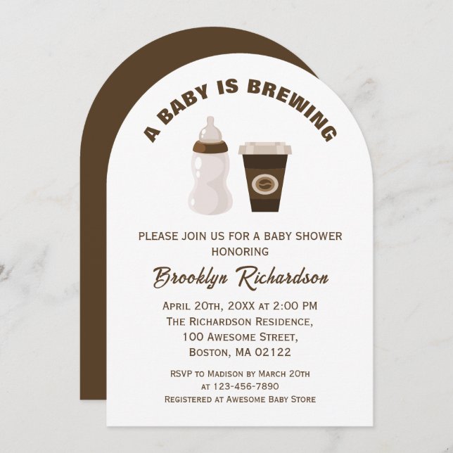 Invitación Café Blanco Marrón Un Bebé Está Preparando Baby Sh (Anverso / Reverso)