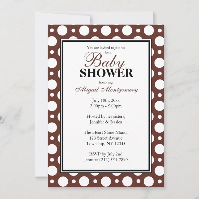 Invitación Cafe Brown Baby Shower de puntos de polka variados (Anverso)
