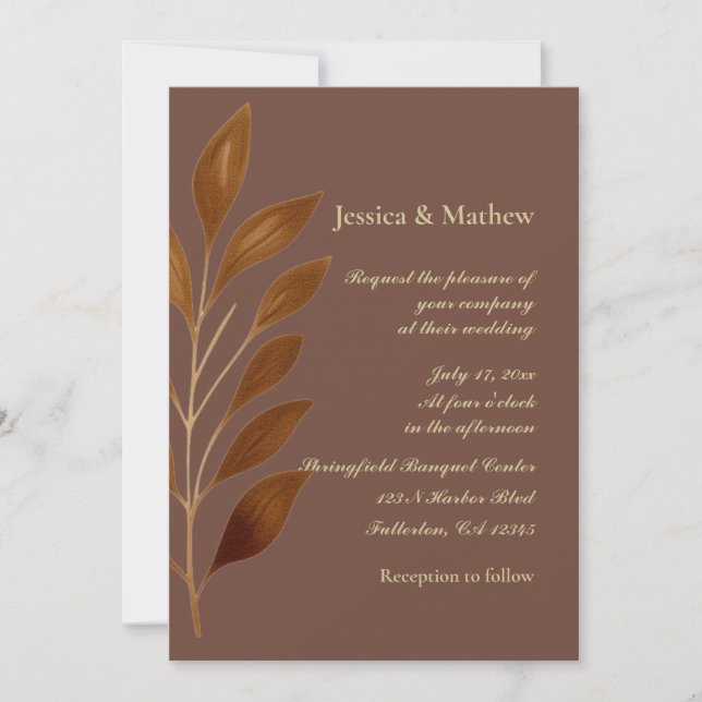 Invitación Café Brown y hoja de oro | Boda moderno (Anverso)