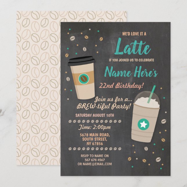 Invitación Café Cumpleaños Latte Cafe Shop Chalk Celebración (Anverso / Reverso)