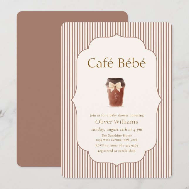 Invitación Café Elegante de Raya Marrón Bébé Shower de Café p (Anverso / Reverso)