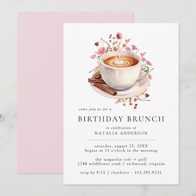Invitación Café Floral | Brunch de cumpleaños rosado de Cute  (Anverso / Reverso)