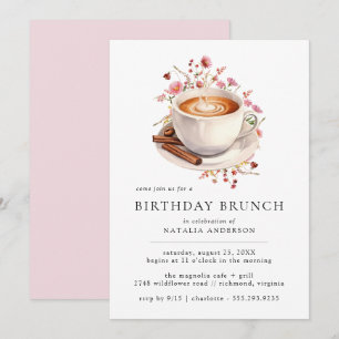 Invitación Café Floral Brunch de cumpleaños rosado de Cute