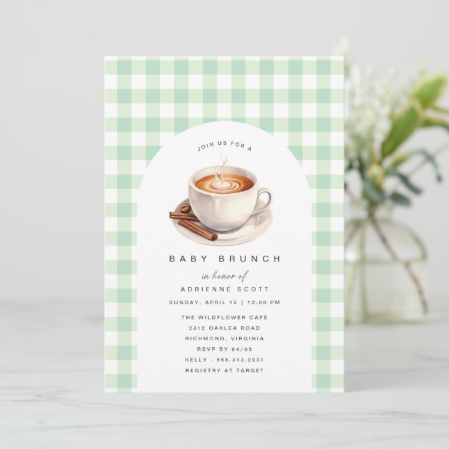 Invitación Café Green Gingham | Neutral Baby Shower Brunch (Anverso de pie)