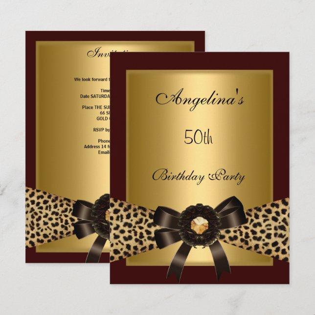 Invitación Café Marrón Negro Cumpleaños 50 Leopard Dorado 3 (Anverso / Reverso)