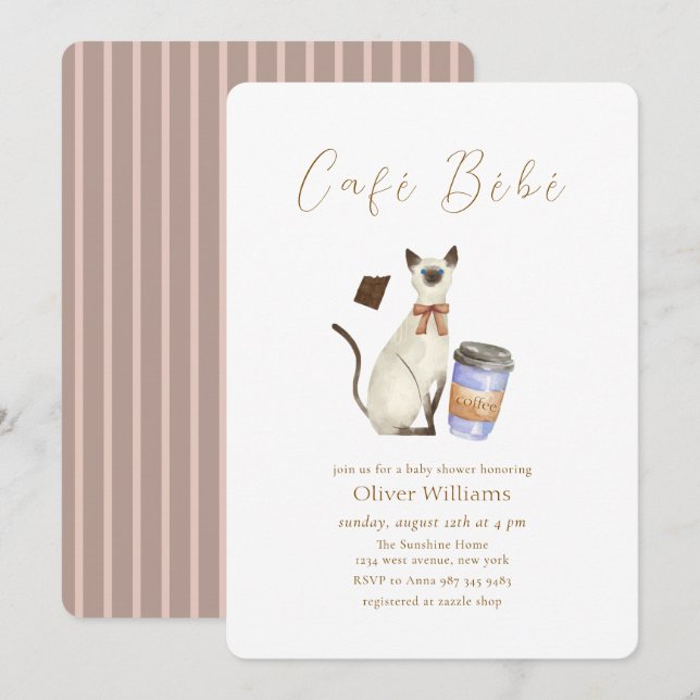Invitación Café Neutral Bébé Gato Café  Ducha de bebé (Anverso / Reverso)