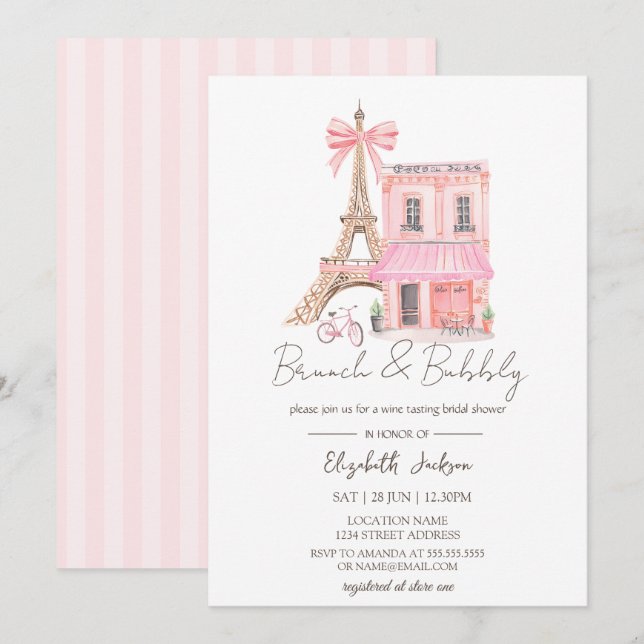 Invitación Café París Rayas Rosas Brunch y Burbujas (Anverso / Reverso)
