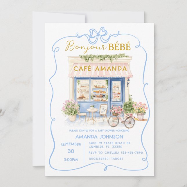 Invitación Cafe parisino Blue Coquette Baby Shower (Anverso)