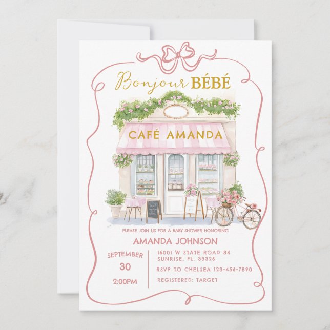 Invitación Cafe parisino Coquette Baby Shower rosa (Anverso)