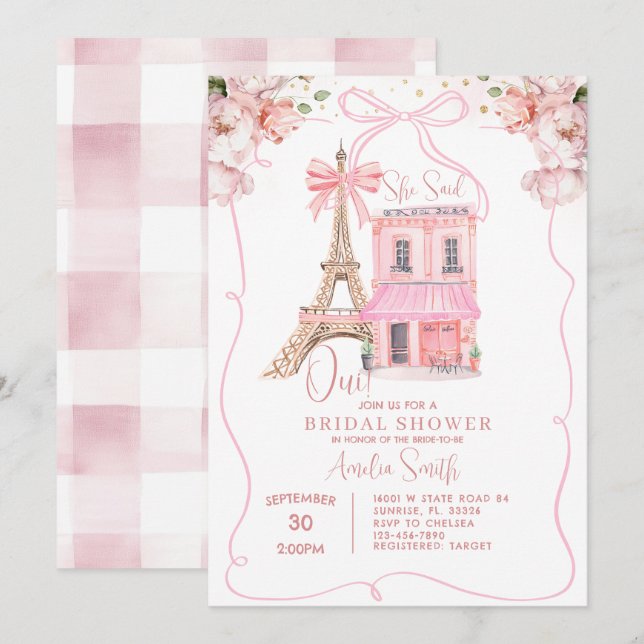 Invitación Café Rosa Paris Bow Eiffel Tower Ducha de novias (Anverso / Reverso)